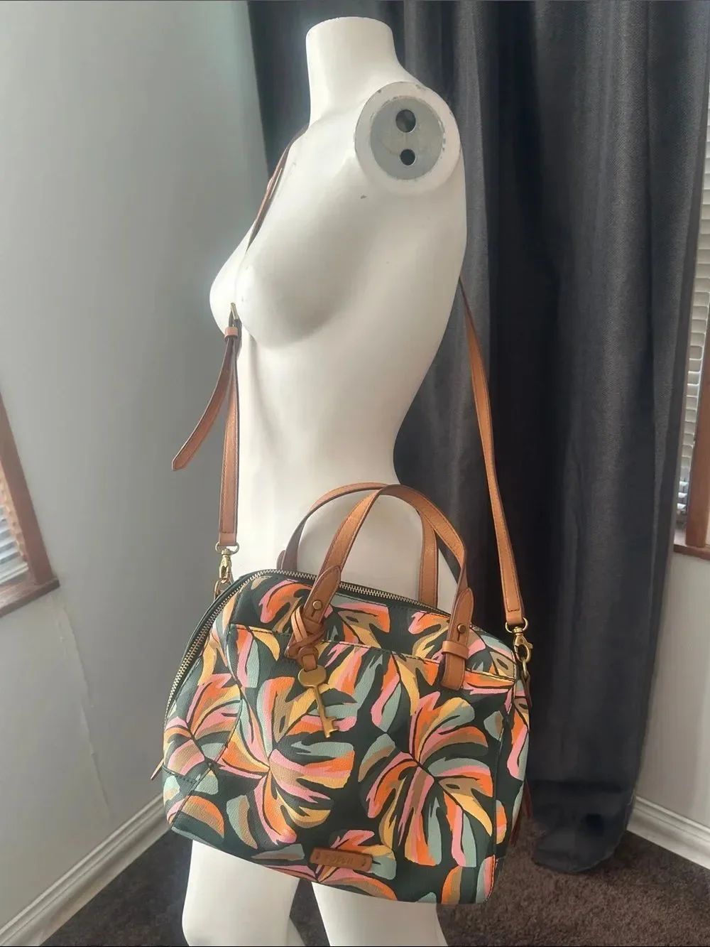 Fossil Rachel Tropical Leaf Print Pink/Green satchel/crossbody